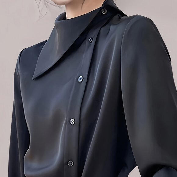 Passion Elegant Solid Button Front Asymmetrical Neck Blouse - Picture 2 of 4